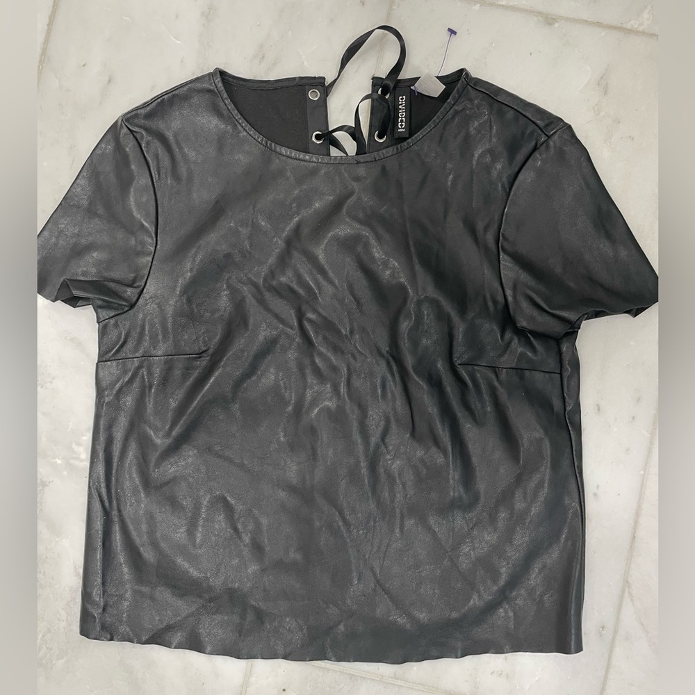 H &M black fake leather top, ribbon ties down the back, size 6 , gently worn